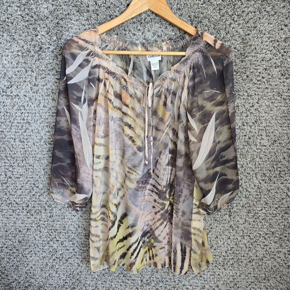 Chicos Top Womens 1 US Medium Green Sheer Off The Shoulder Blouse Neck Tie